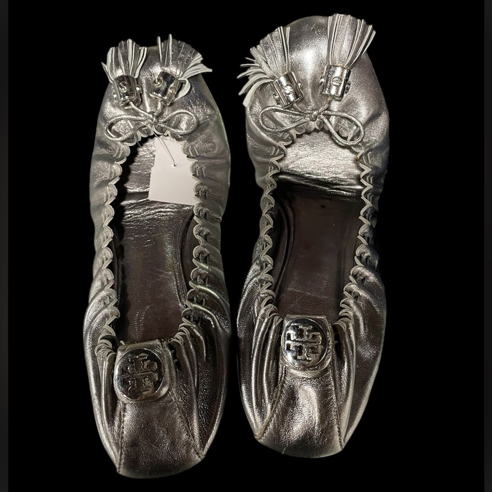 Tory Burch Reese metallic Silver Flats with Tassels